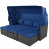 Outdoor Patio Rectangle Daybed with Retractable Canopy, Wicker Furniture Sectional Seating with Washable Cushions, Backyard, Porch